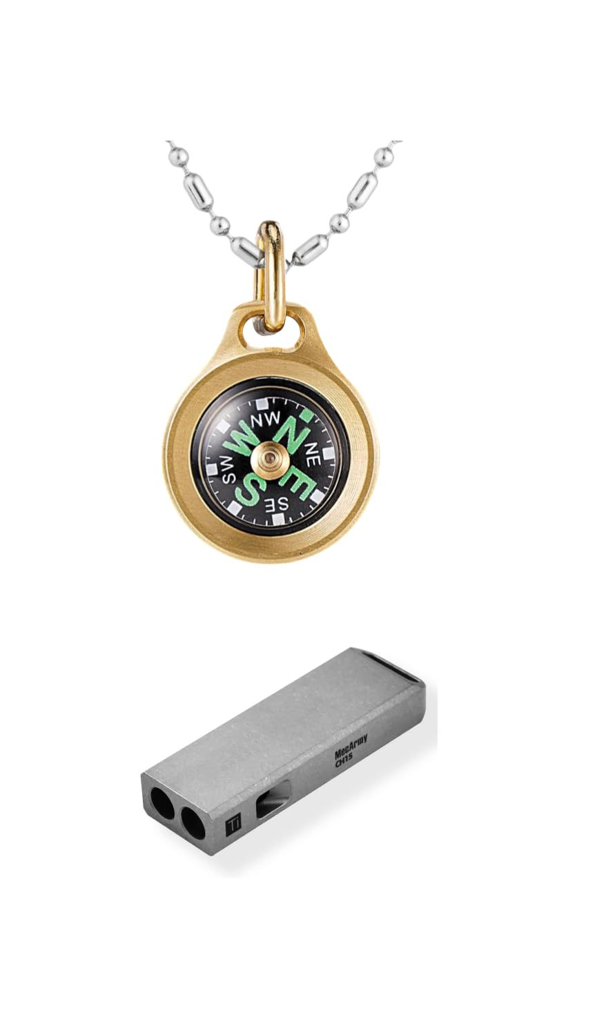 Brass Mini Compass & Titanium Survival Whistle Set