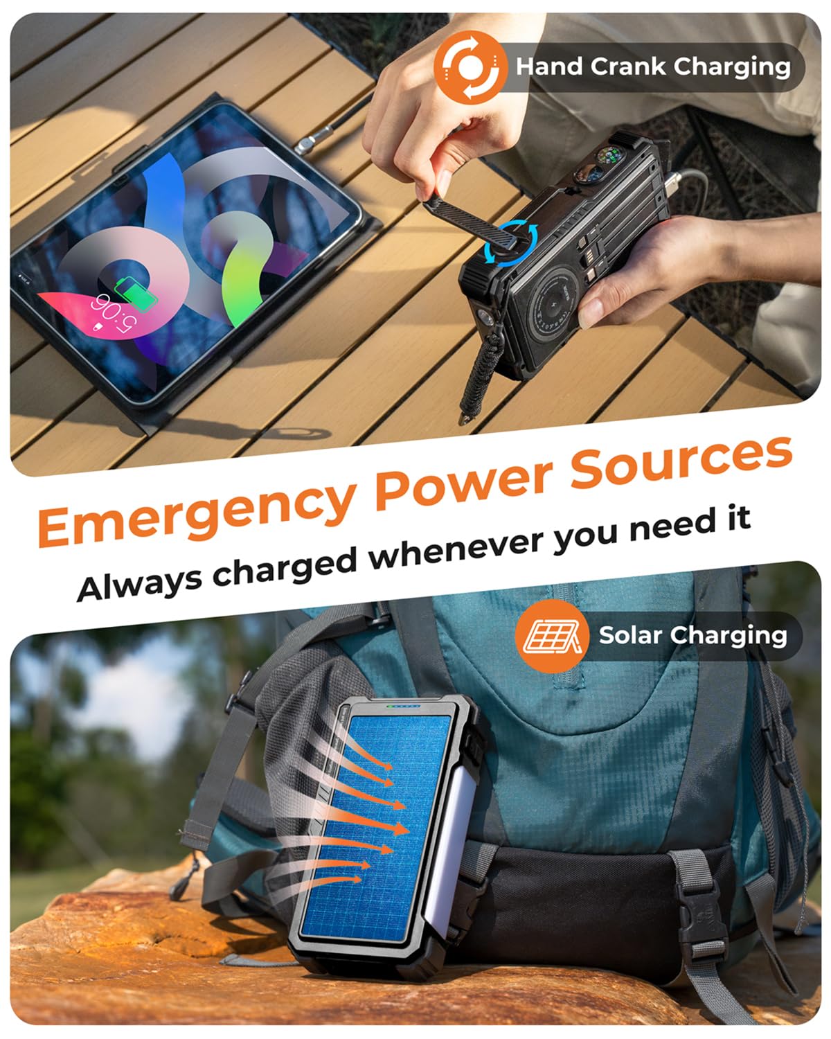 Solar Power Bank 20000mAh with Hand Crank & Fast Charging